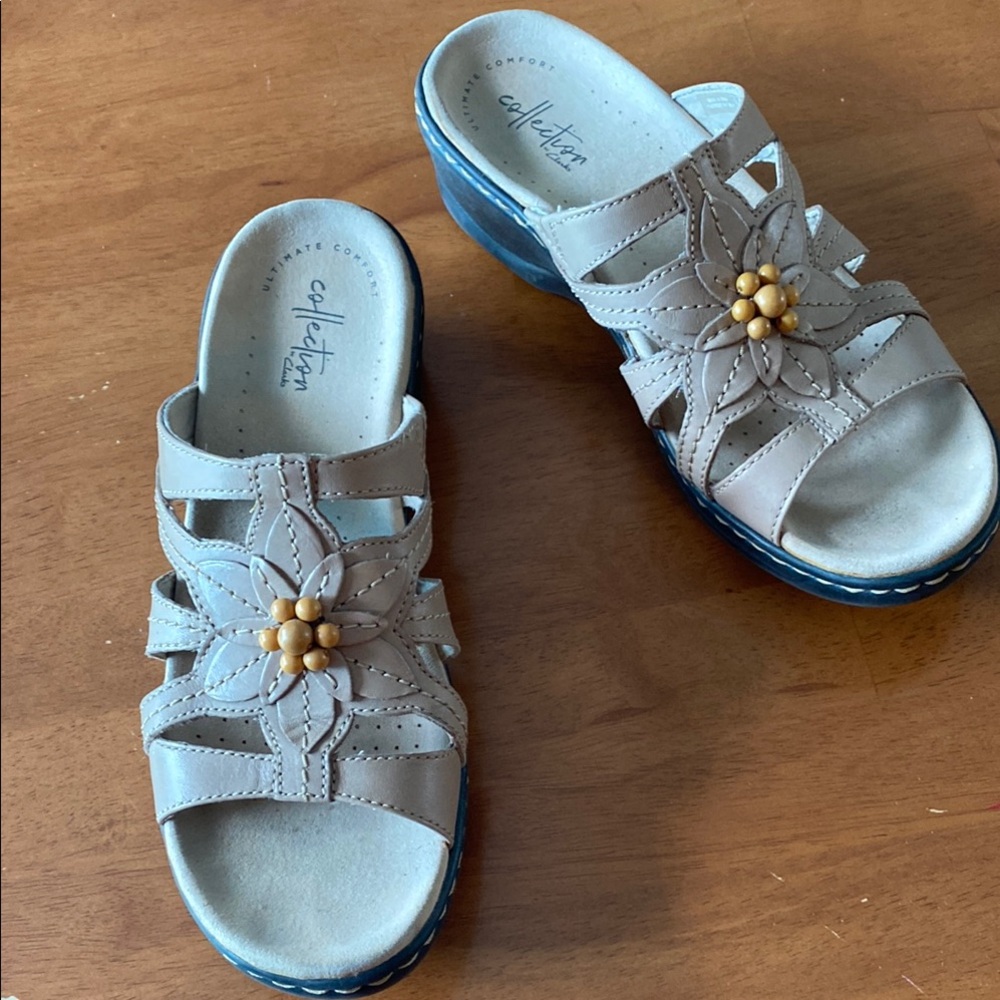 Call It Spring Cream and Blue Mules with Contoured Footbed